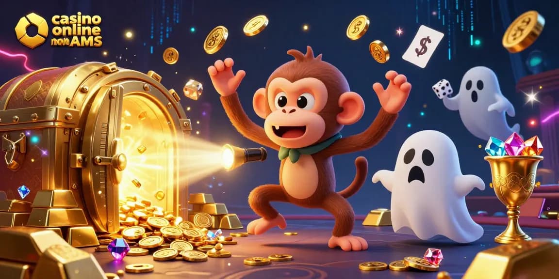 Scopri le divertenti dinamiche dei casino online non AAMS con il gorilla poltergeist che gioca con monete e dadi in un'atmosfera magica.