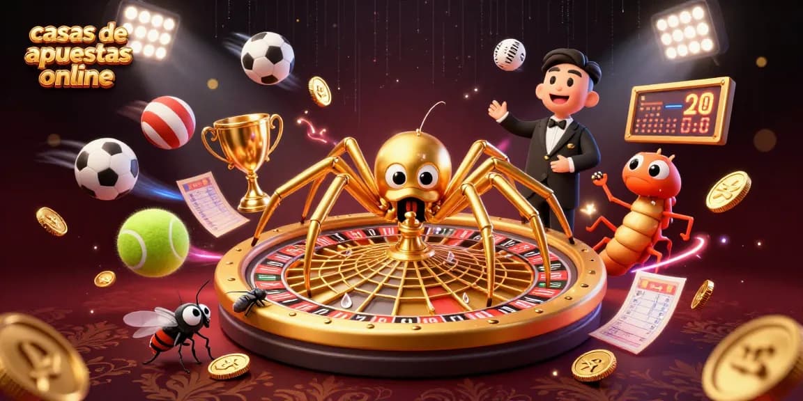 Visualiza casas de apuestas online mientras una araña de oro gira una rueda de ruleta, creando emoción y oportunidades.