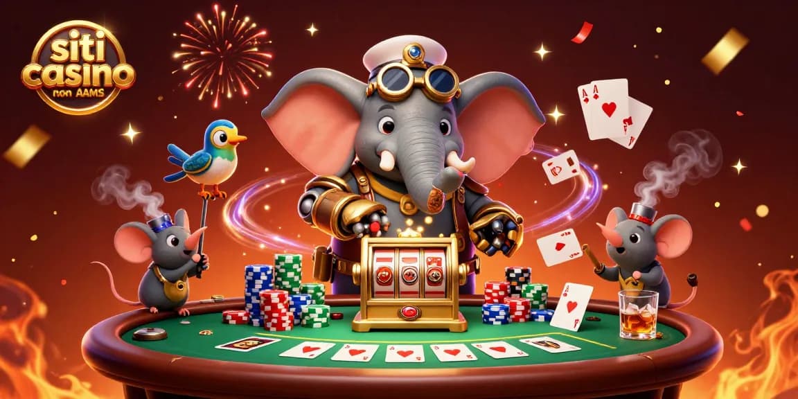 Gioca nei siti casino non AAMS mentre un ingegnere elefante aziona una slot machine dorata.