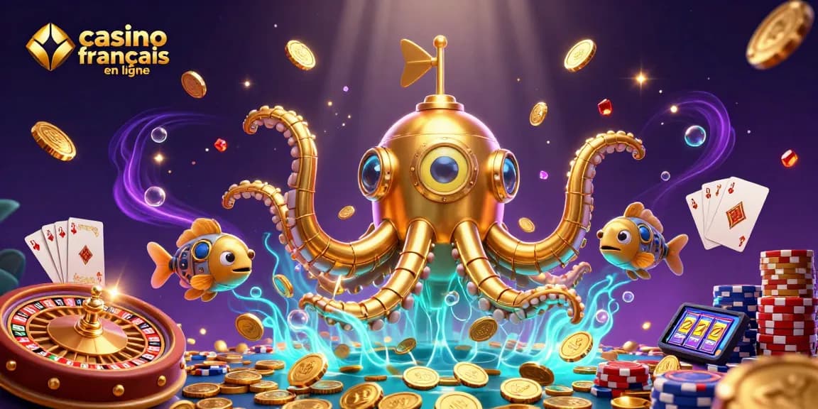 Plongée dans l'univers du casino français en ligne avec un kraken doré entouré de pièces d'or et de cartes à jouer.