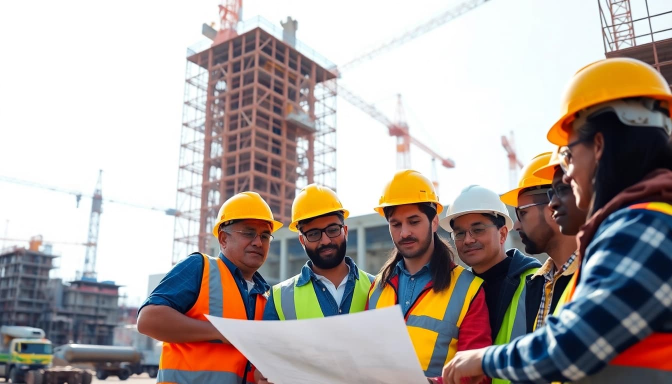 Construction association team collaborating on a project during a bright sunny day.