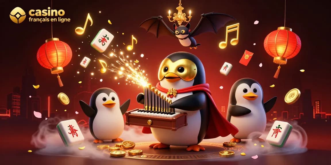 Profitez du meilleur jeu casino français en ligne avec un pingouin opéra et des éléments festifs.