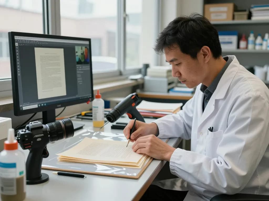 Expert technician bóc ép plastic from documents in a modern workshop, ensuring quality preservation.