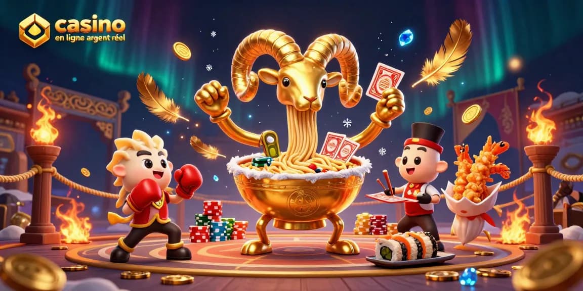 Casino en ligne argent réel : illustration d'un bol de ramen géant jouant aux cartes avec des éléments festifs.