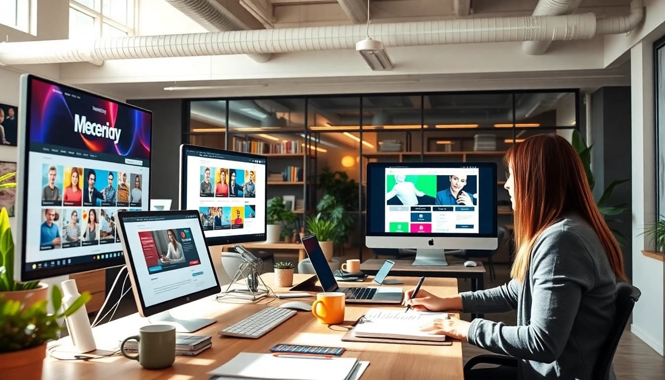Werbeagentur arbeitet an modernen Website-Layouts in einem hellen Büro.