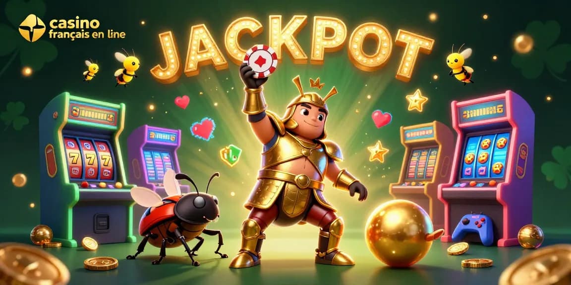 Gagnez avec le casino francais en ligne: image festive illustrant des personnages de jeux, des machines et gains.