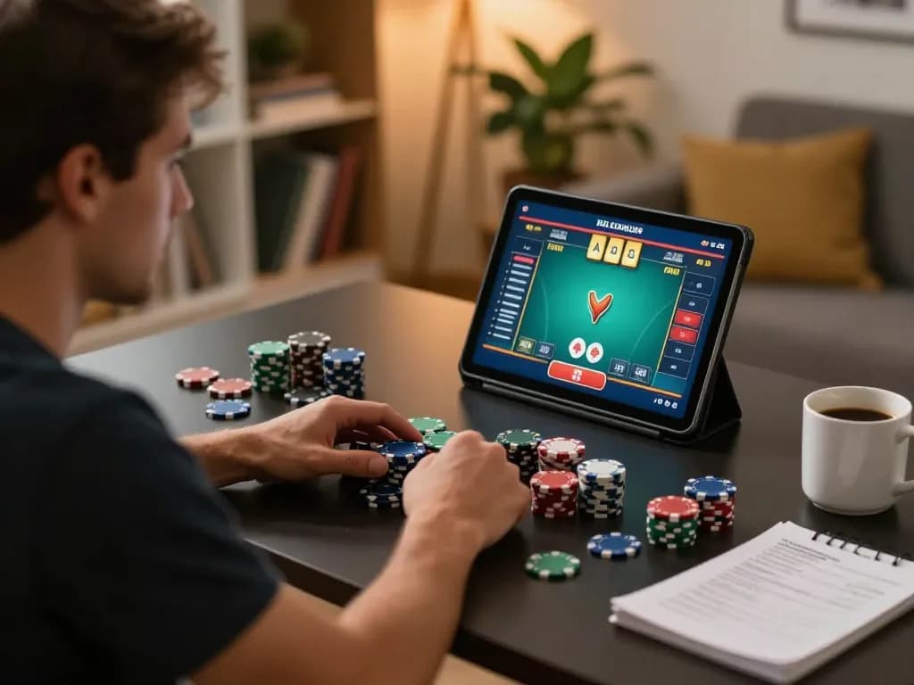 8kbet player engaging in a home poker game on tablet with colorful chips on desk