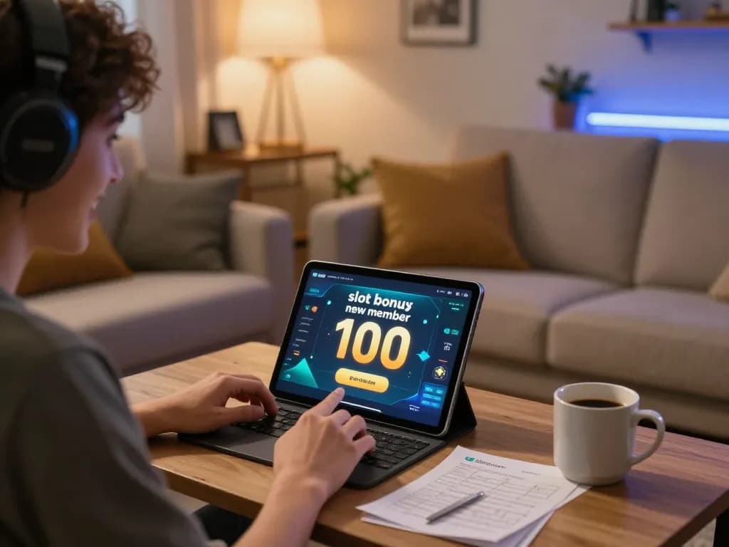 Person engaging with slot bonus new member 100 promotion on tablet in a cozy living room setup