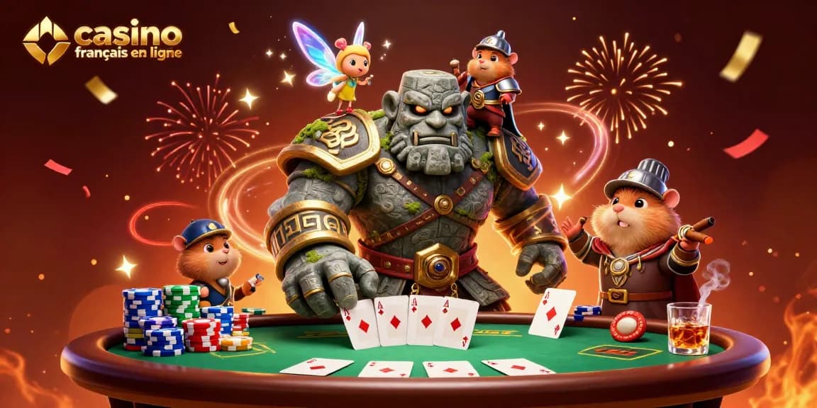 Une illustration 3D de casinos en ligne francais représentant un golem ancien vivant avec une fée et un hamster chevalier jouant au poker.