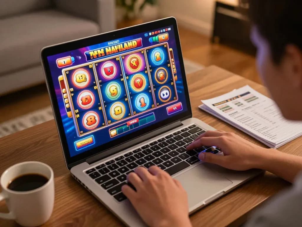 Enjoying thrilling slot thailand games on laptop, player engaged in online gameplay.