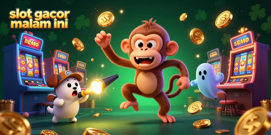 Experience the thrill of slot gacor malam ini with a mischievous monkey and playful ghost-hunter in a lively casino scene.