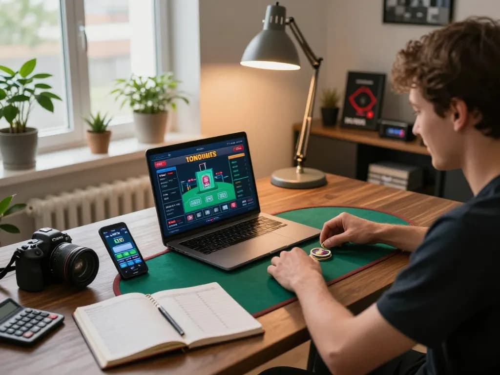 Engaged player strategizing on 388bet poker game during home gaming session.