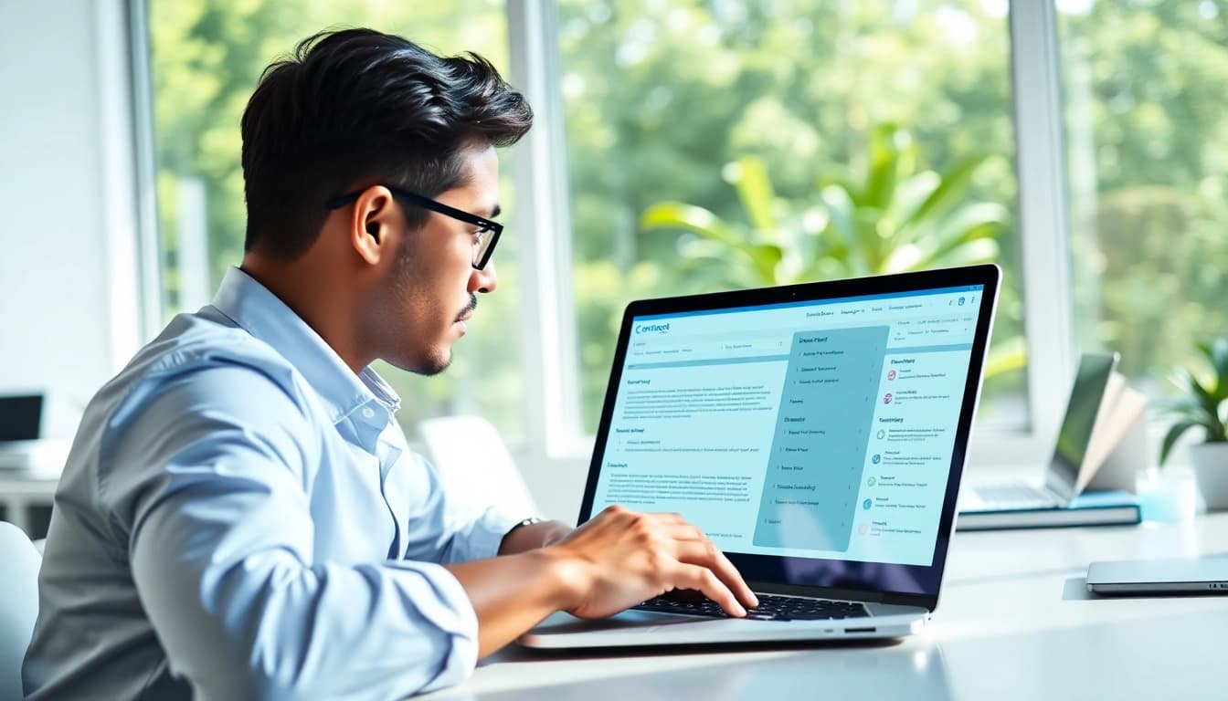 Engaging in Contract Management through a modern software interface at a sleek office desk.