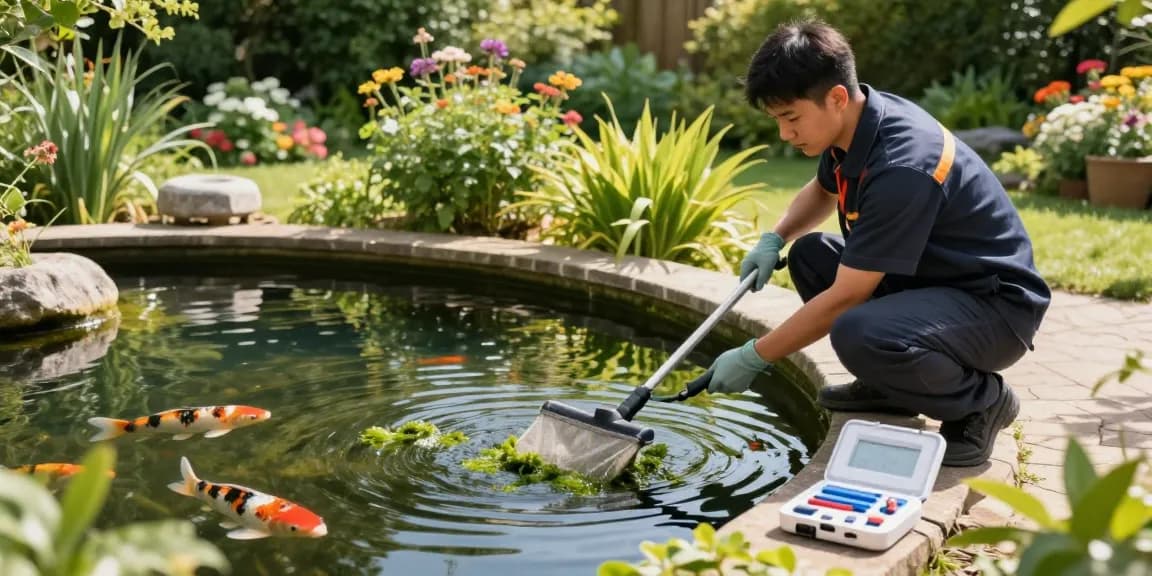 Pond Cleaning Kent in action with a technician removing algae and maintaining a serene garden pond.