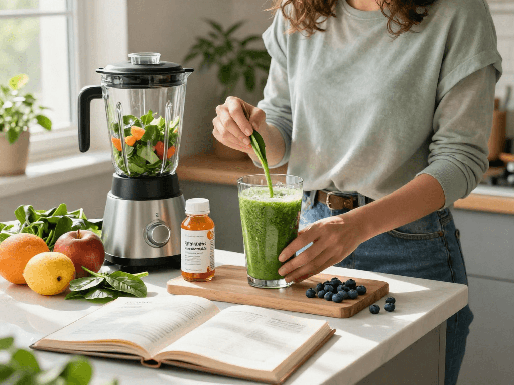 Health-conscious individual preparing a smoothie with natural antioxidant supplement ingredients in a sunny kitchen.