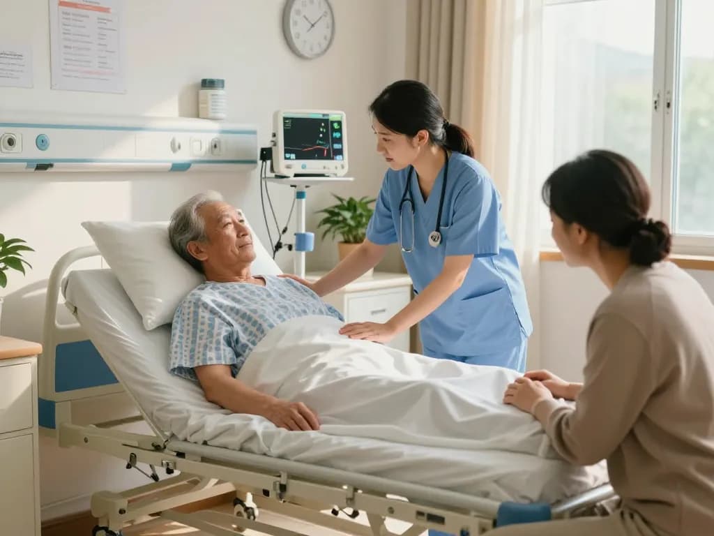 Caregiver assisting an elderly patient on a giường bệnh nhân in a warm clinical hospital setting.
