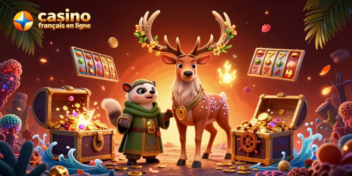 Gagnez au casino français en ligne avec une scène vibrante remplie de druides, trésors et jeux.