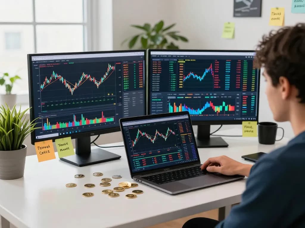 Person analyzing automated crypto income trends on multiple screens in a dynamic trading environment.