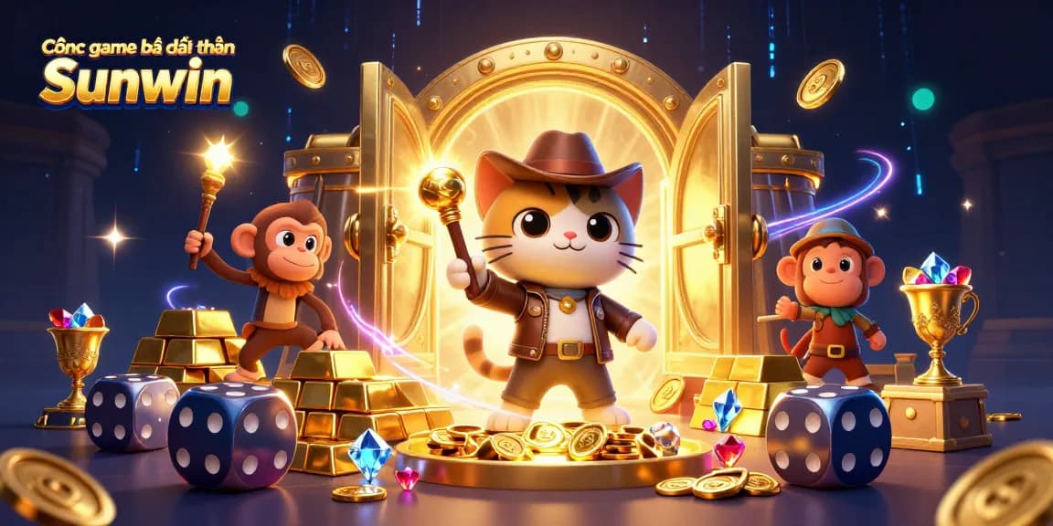 Cổng game bài đổi thưởng Sunwin showcases an adventurous cat archaeologist in a vibrant temple scene.