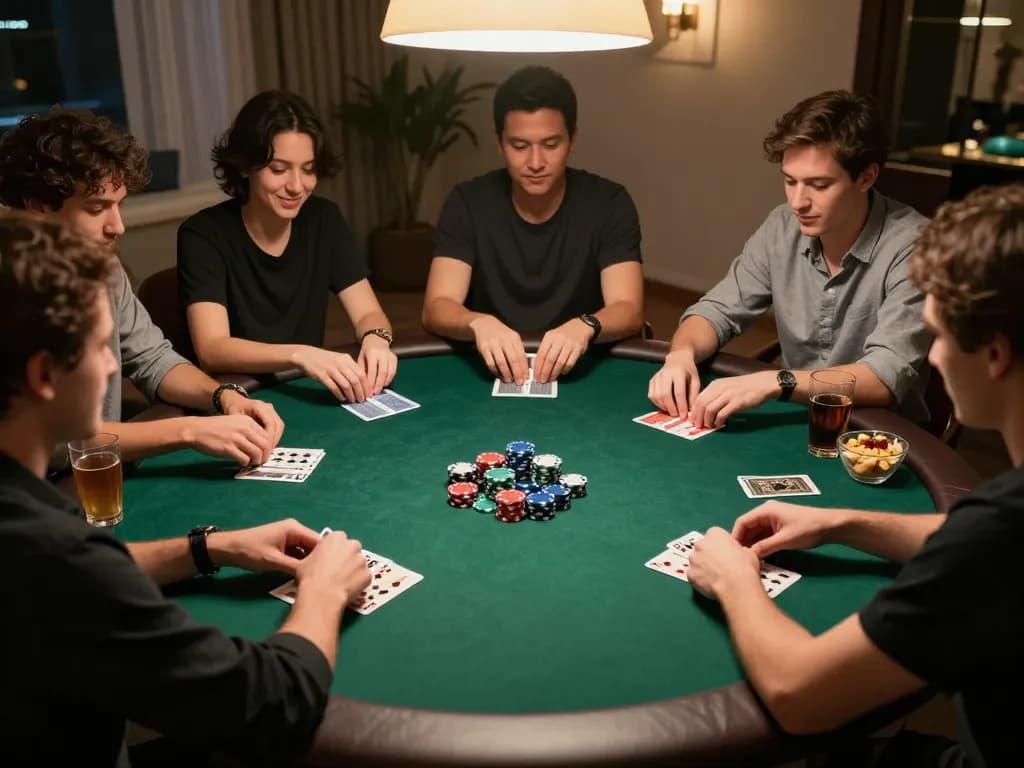 Players engaging with Mens Fleece Hoodies at a cozy poker night, focused on their hands and chips.