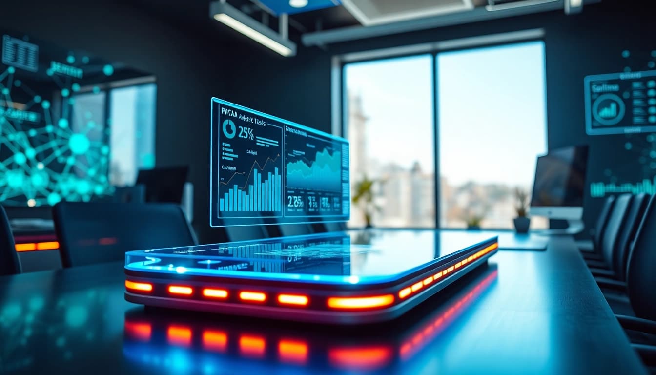 Engaging visual representation of Technology showcasing futuristic devices and holographic data analytics.