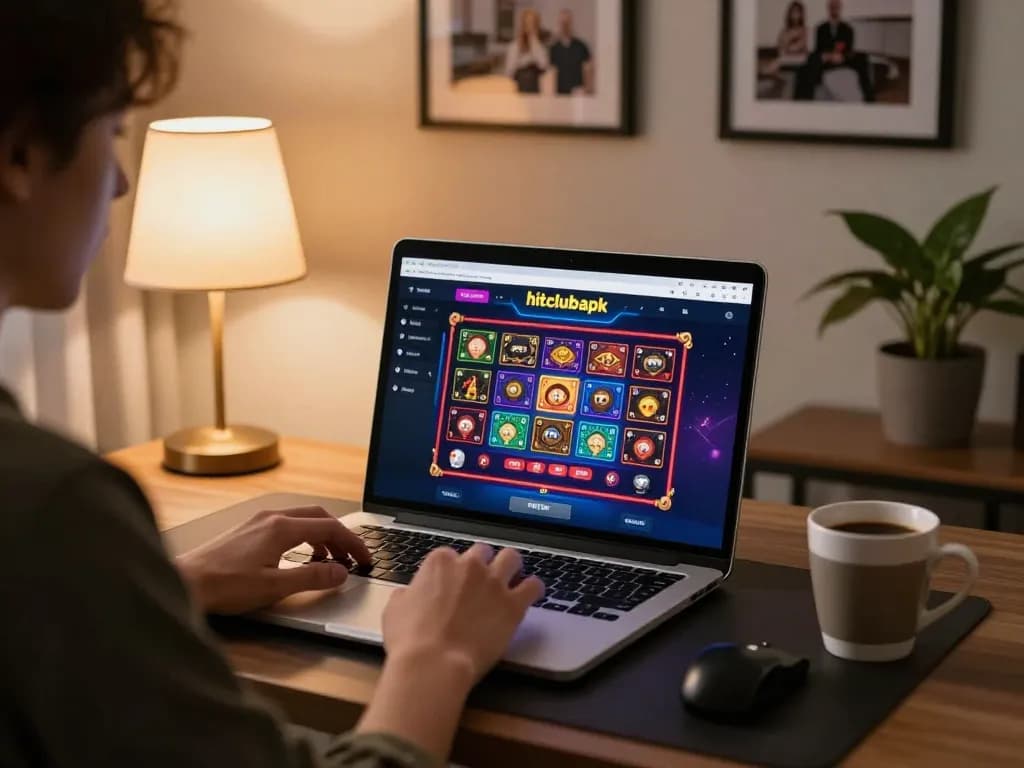 Engaging with hitclubapk platform for online gambling on modern laptop in cozy home setting.