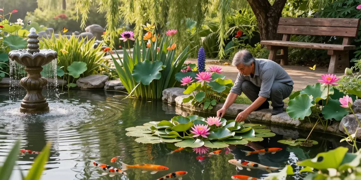 Pond plants flourishing in a tranquil garden pond with water lilies and koi fish.