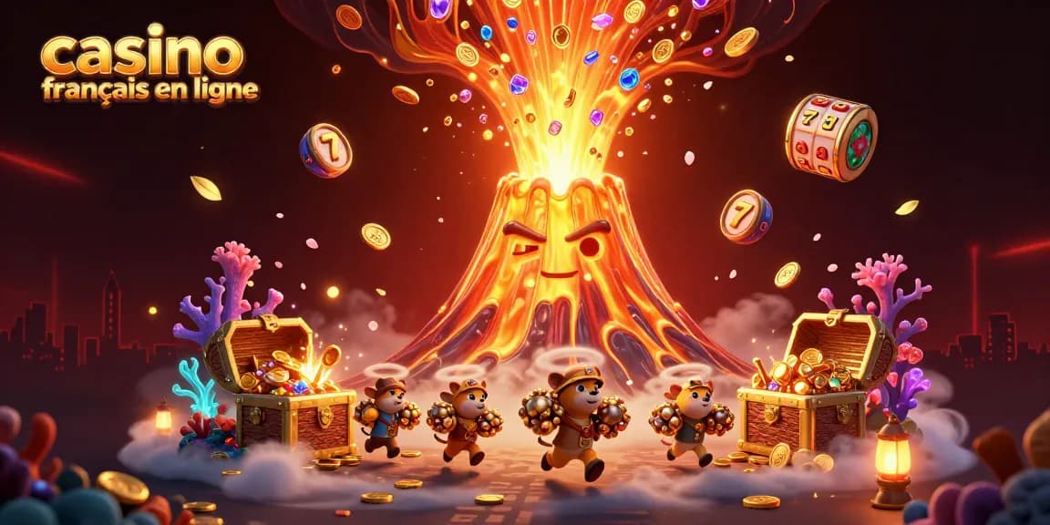 Jouez à casino français en ligne avec l'illustration de volcans dorés et de trésors explosifs.