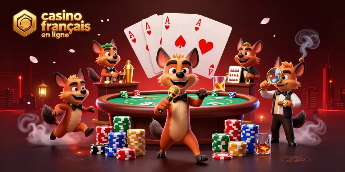 Jouer au casino français en ligne avec une scène dynamique d'hyènes animées au stand-up et au bar.