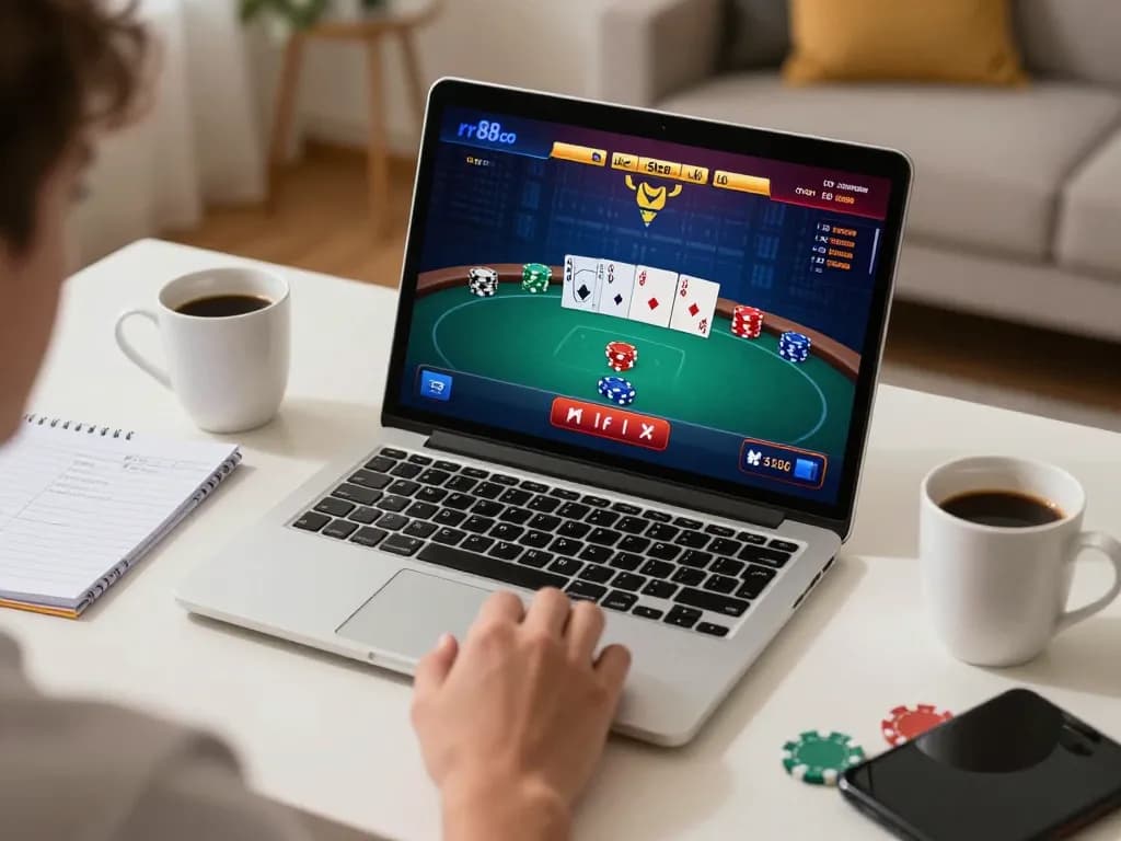 Player enjoying an exciting online poker game at rr88co in a cozy home setting