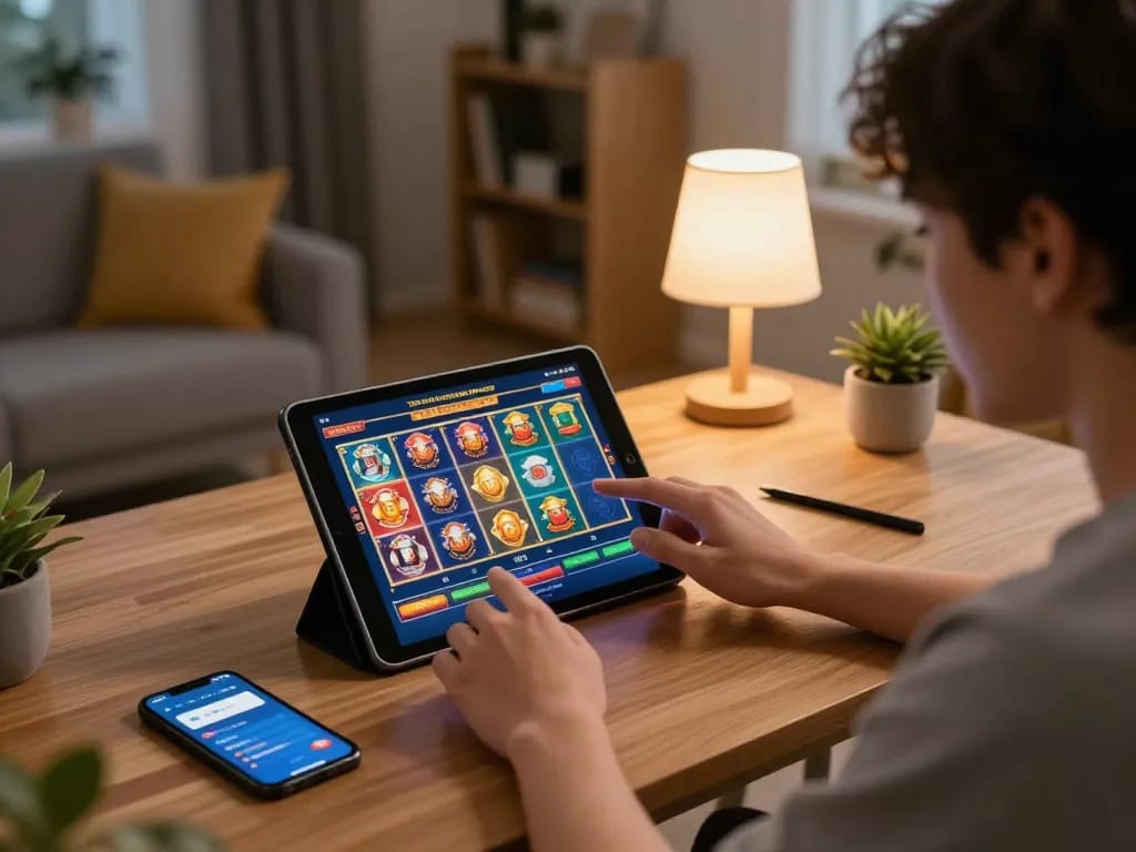 Engaging in สล็อตทดลอง at home with online gameplay interface visible on tablet screen