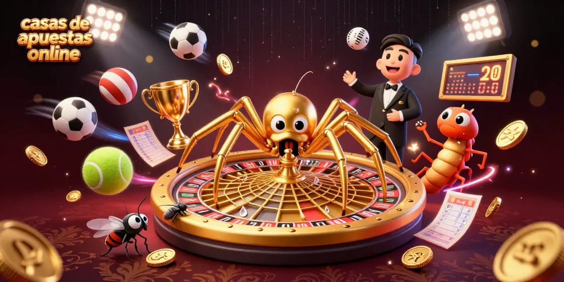 Visualiza casas de apuestas online mientras una araña de oro gira una rueda de ruleta, creando emoción y oportunidades.