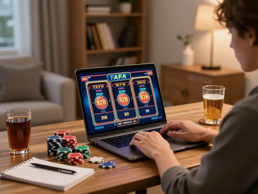 Engaging in FAFA 828 slots on a laptop in a cozy home office with colorful gaming elements.