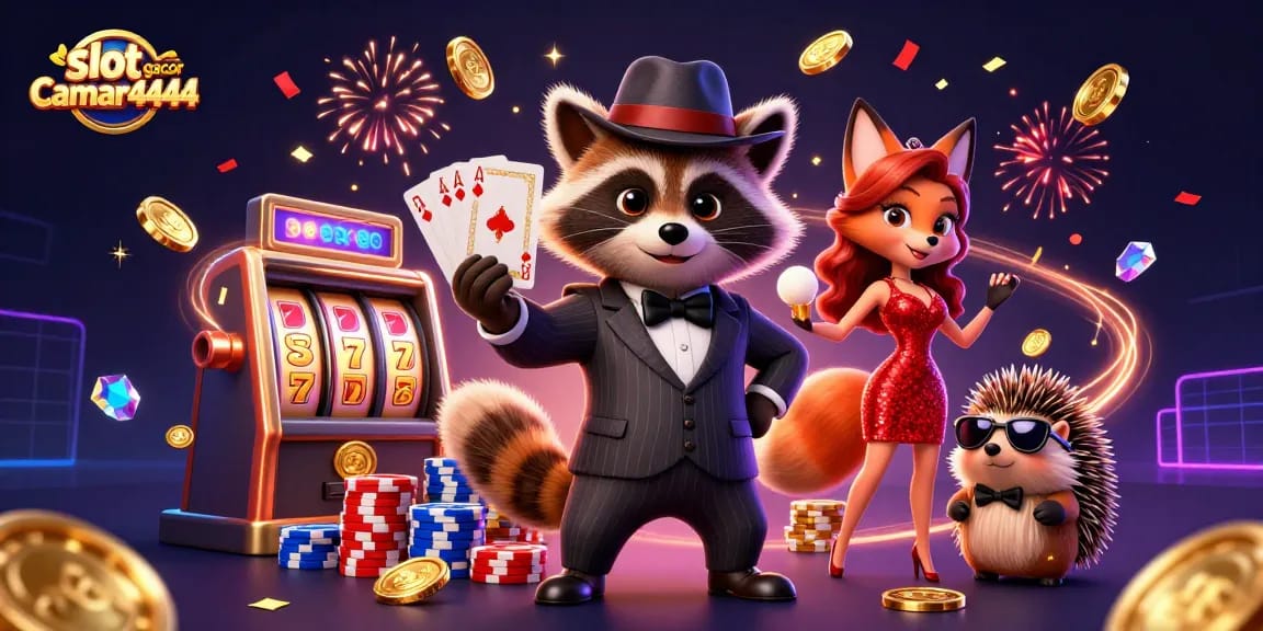 Menangkan slot gacor camar4444 dengan beragam elemen kasino meriah dalam ilustrasi dinamis dan penuh warna.