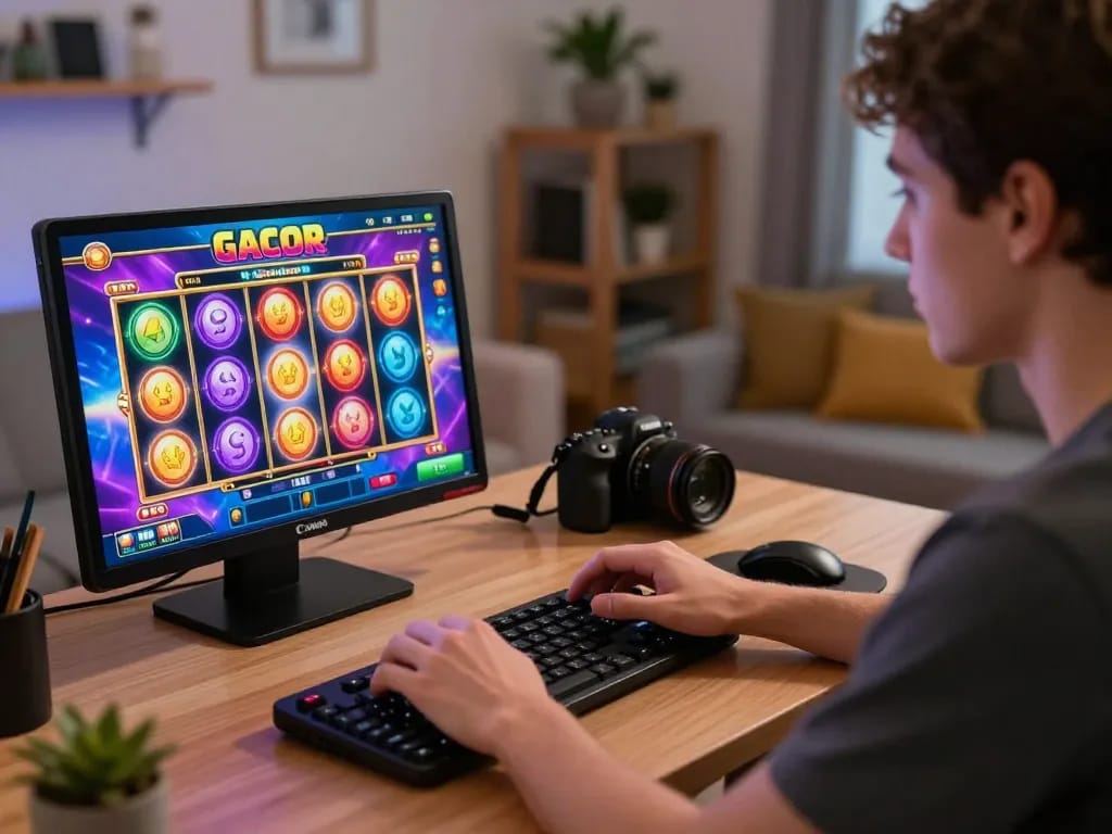 Engaged player enjoying a slot gacor game on a tablet in a cozy home environment.