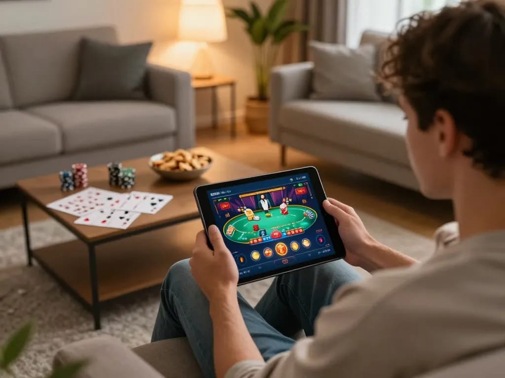 Player engaging with casino stranieri che accettano italiani on a tablet in a cozy home setting.