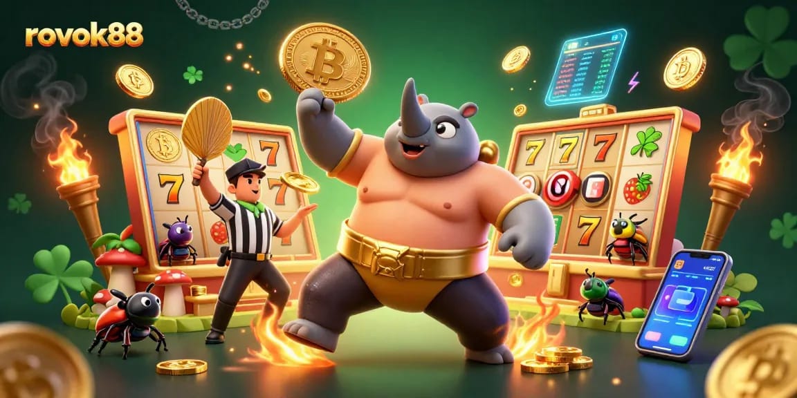 Experience intense gameplay with rokok88, featuring a sumo beetle champion amidst dynamic slot reels and crypto elements.
