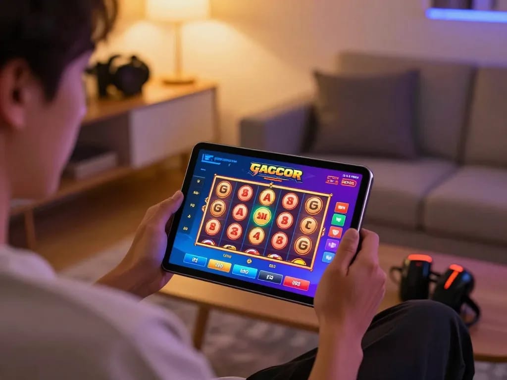 Playing slot gacor on a tablet reveals winning combinations in a cozy home setting