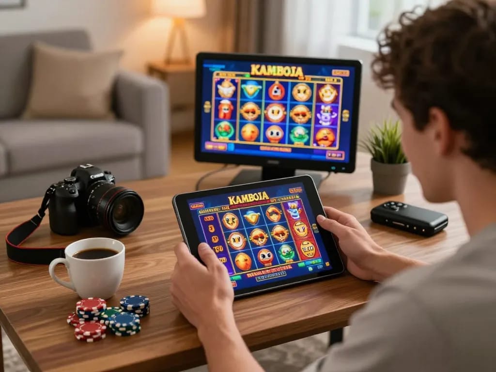 Player engaging with slot kamboja on tablet at home, showcasing casual online gaming atmosphere.