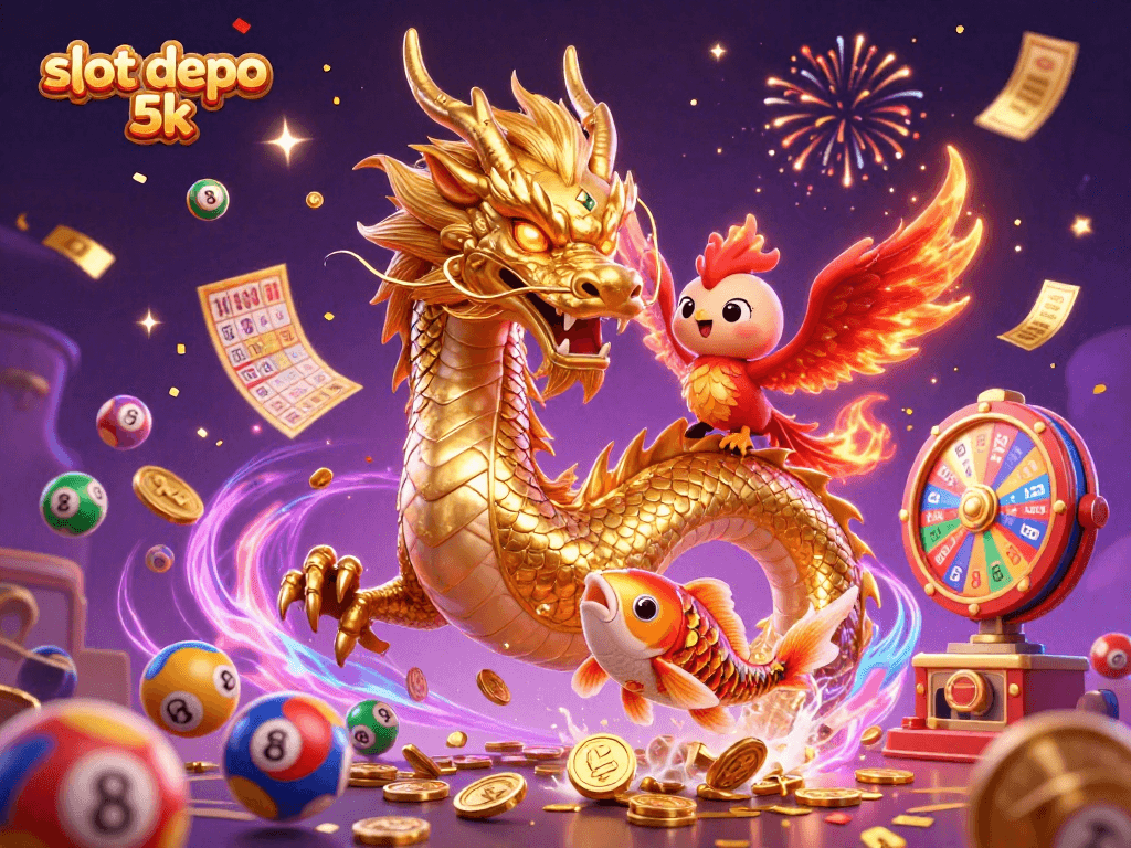 Engage with slot depo 5k, featuring a vibrant scene with a golden dragon, phoenix, and koi fish.