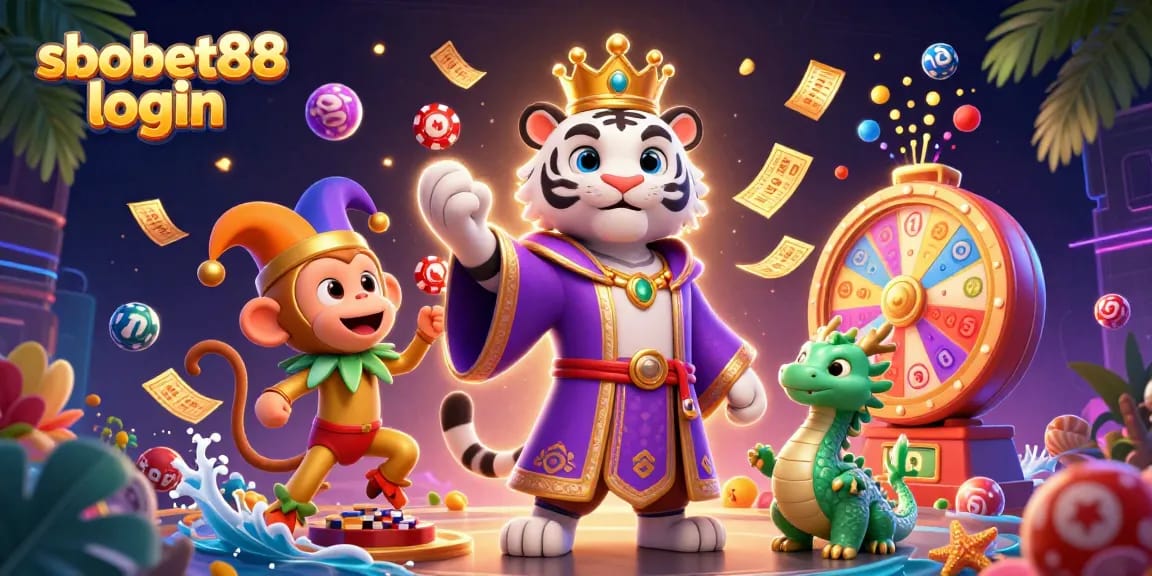 Engage with sbobet88 login through a vibrant casino-themed illustration featuring a royal tiger, jester monkey, and jade dragon.