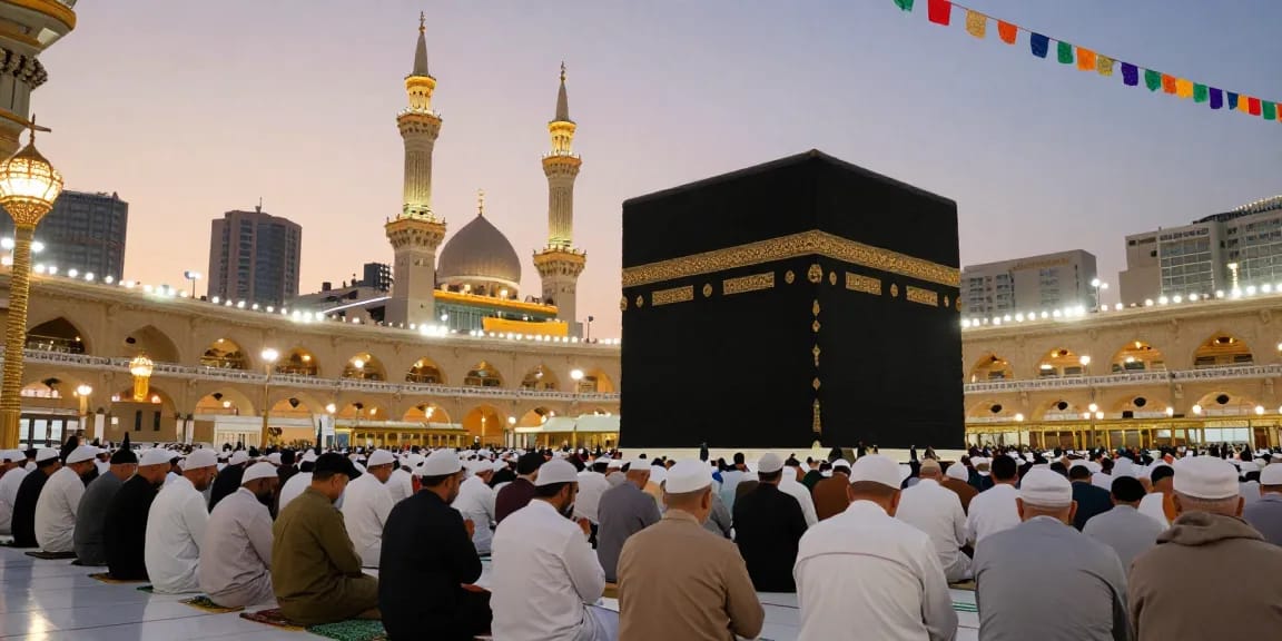 Umroh full ramadhan experience with pilgrims at the Kaaba and lantern-adorned streets, inspiring travel guide.