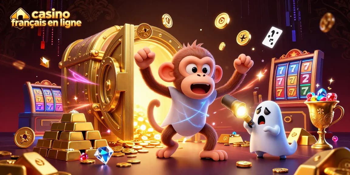 Illustration d'un casino français en ligne avec un singe malicieux et un chiot chasseur de fantômes.