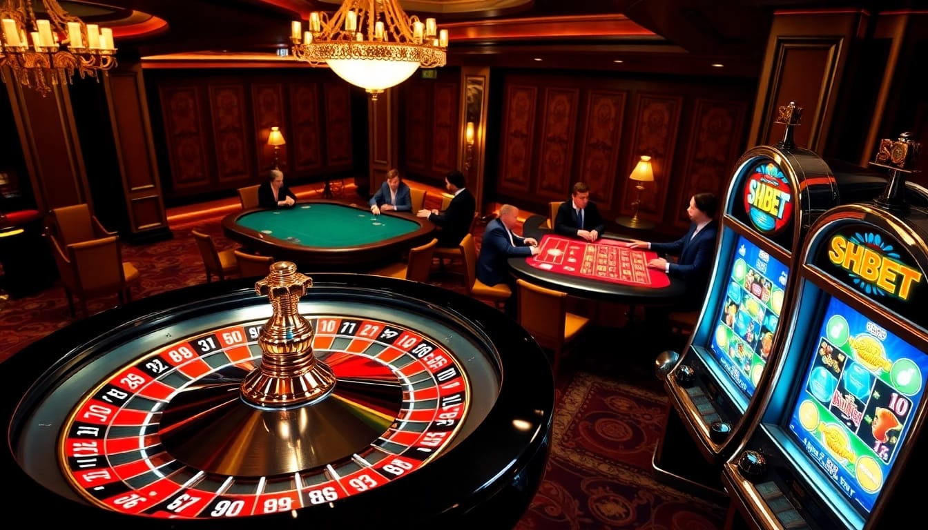 Players enjoying the thrill of gambling at SHBET with roulette and slot machines.