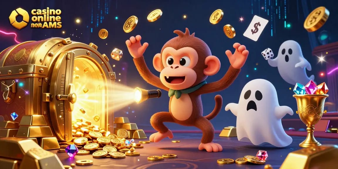 Scopri le divertenti dinamiche dei casino online non AAMS con il gorilla poltergeist che gioca con monete e dadi in un'atmosfera magica.