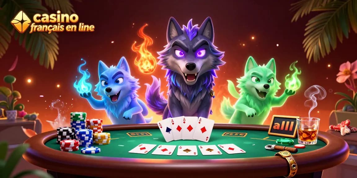 Jouez au casino français en ligne avec une illustration dynamique de personnages fantomatiques entourés de jeux de cartes et de jetons.
