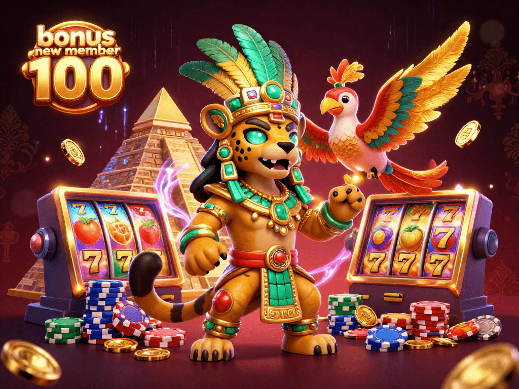 Experience the excitement of bonus new member 100 with our vibrant slot machine illustration.