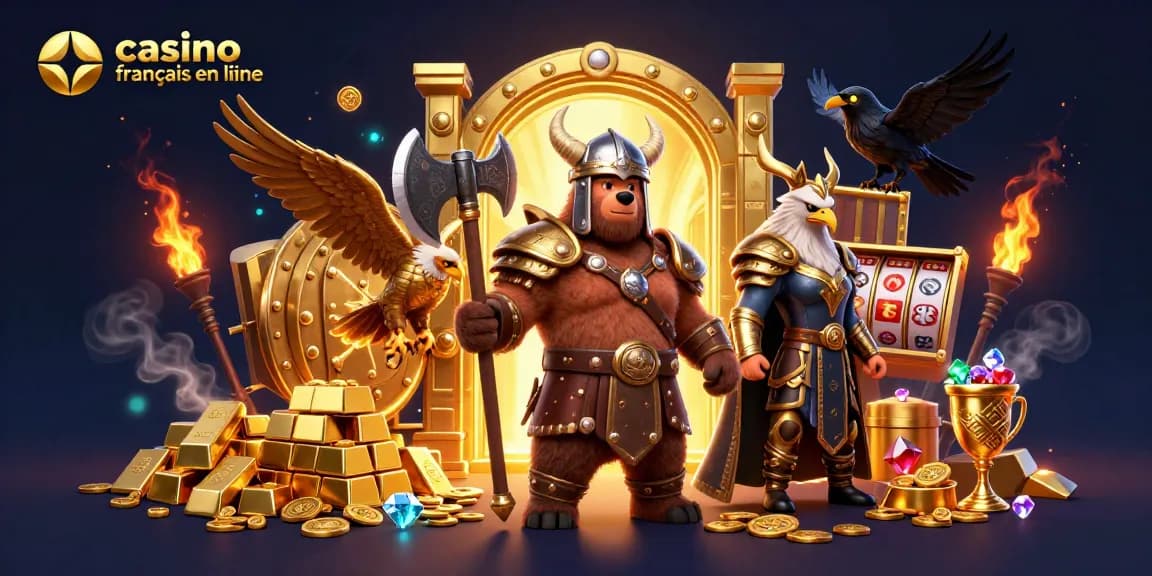 Jouez aux jeux de casino français en ligne avec un Viking et un aigle, entourés de trésors.