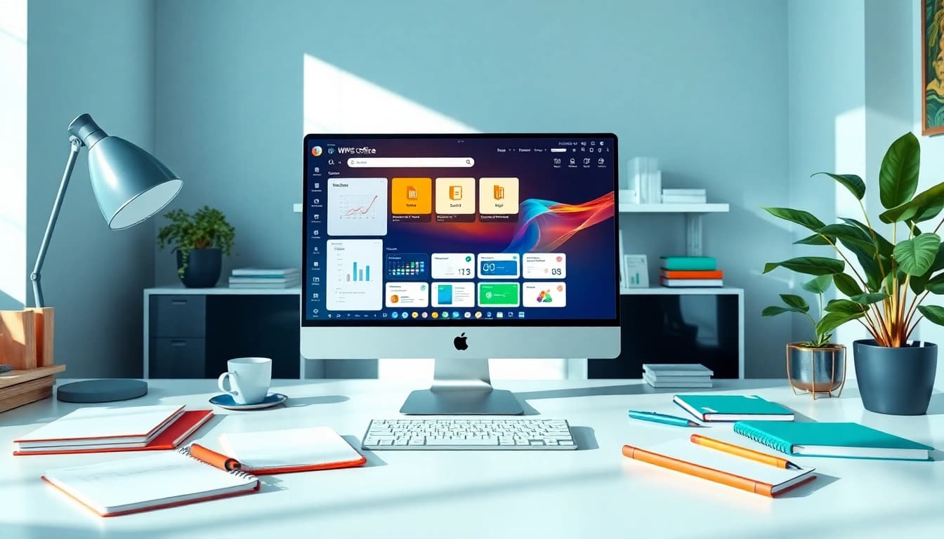 现代化办公工作区,WPS Office 工具在一台时尚的电脑上高效运作,体现生产力与协作,展现 WPS官网。