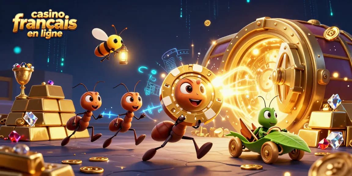 Participer à un casino français en ligne avec une illustration de fourmis en train de dérober un jeton de poker géant.